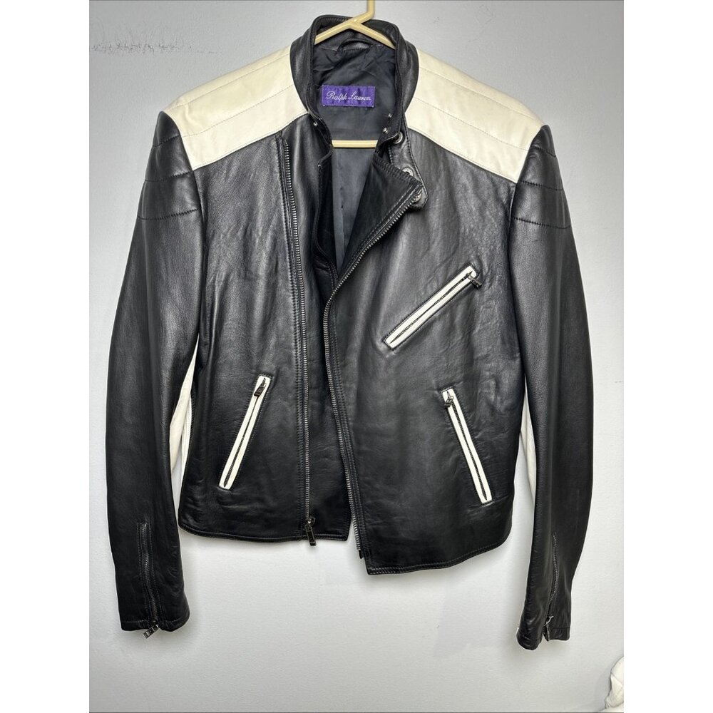 Ralph Lauren Purple Label Mens Leather Jacket Biker White‎ Black Zip Lambskin - Picture 3 of 16